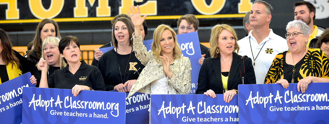 KENNETT, MISSOURI - FEBRUARY 02:  Recording Artist Sheryl Crow and Farmers Insurance Present Teachers at Kennett High School with an AdoptAClassroom.org Grant during a Pep Rally on February 2, 2016 in Kennett, Missouri  (Photo by Jason Davis/Getty Images for Farmers Insurance)